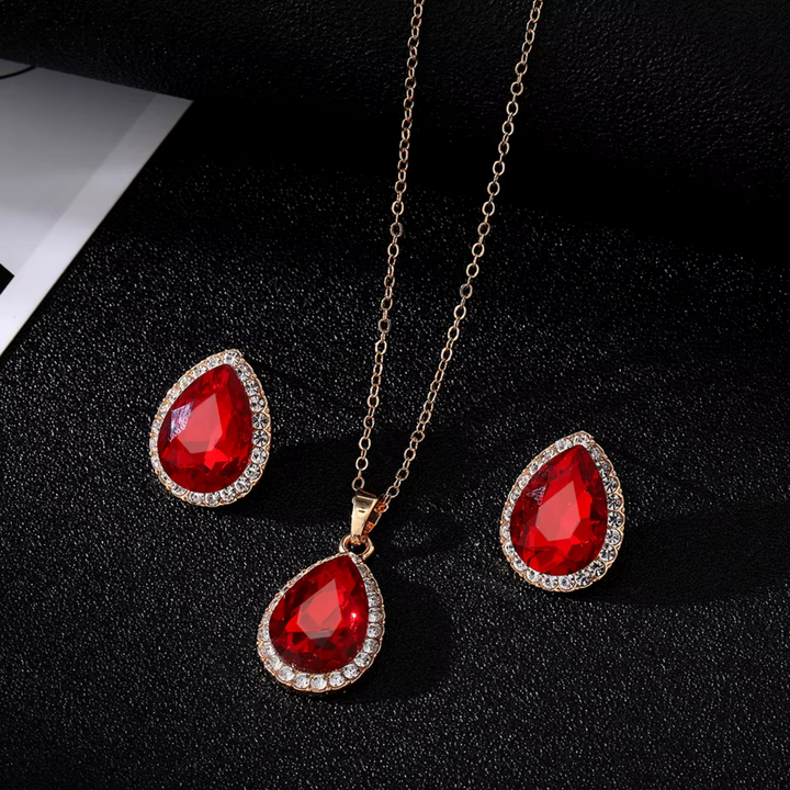Retro Red Zircon Water Drop Jewelry Set
