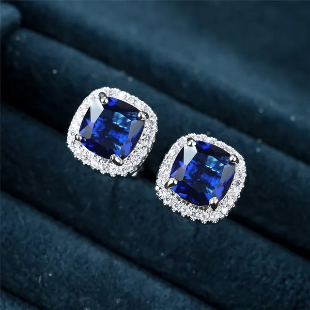 Sapphire Square Stud Earrings | White Gold
